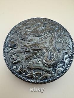 Antique Silver Vanity Face Puff Powder Box Compact Case with Mirror