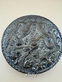 Antique Silver Vanity Face Puff Powder Box Compact Case with Mirror