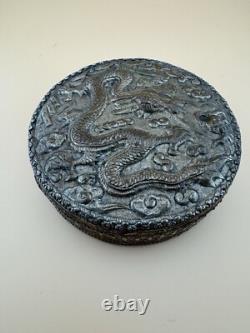 Antique Silver Vanity Face Puff Powder Box Compact Case with Mirror
