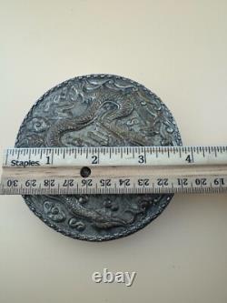 Antique Silver Vanity Face Puff Powder Box Compact Case with Mirror