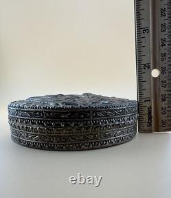 Antique Silver Vanity Face Puff Powder Box Compact Case with Mirror