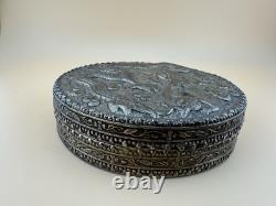 Antique Silver Vanity Face Puff Powder Box Compact Case with Mirror