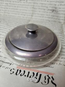 Antique Silver and Glass Vanity Powder Jar with Mirror Inside Lid
