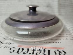 Antique Silver and Glass Vanity Powder Jar with Mirror Inside Lid