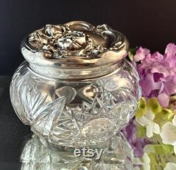 Antique Sterling American Cut Glass Dresser Jar with Roses Monogram, Art Nouveau Vanity Powder Jar, Sterling Repousse Dressing Table Jar