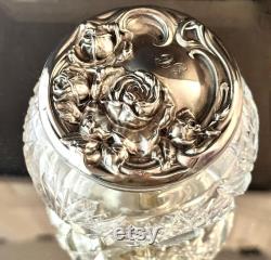 Antique Sterling American Cut Glass Dresser Jar with Roses Monogram, Art Nouveau Vanity Powder Jar, Sterling Repousse Dressing Table Jar