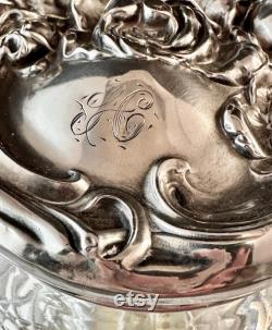 Antique Sterling American Cut Glass Dresser Jar with Roses Monogram, Art Nouveau Vanity Powder Jar, Sterling Repousse Dressing Table Jar