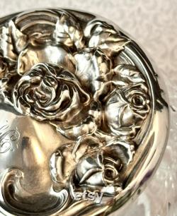 Antique Sterling American Cut Glass Dresser Jar with Roses Monogram, Art Nouveau Vanity Powder Jar, Sterling Repousse Dressing Table Jar
