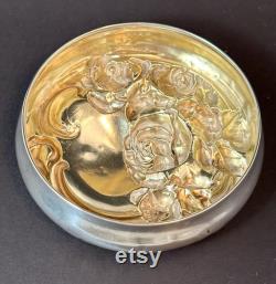 Antique Sterling American Cut Glass Dresser Jar with Roses Monogram, Art Nouveau Vanity Powder Jar, Sterling Repousse Dressing Table Jar