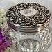 Antique Sterling Glass Dresser Jar with Faces and Grapes, Art Nouveau Vanity Powder Jar with Monogram, Sterling Repousse Dressing Table Jar