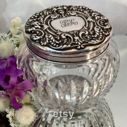 Antique Sterling Glass Dresser Jar with Faces and Grapes, Art Nouveau Vanity Powder Jar with Monogram, Sterling Repousse Dressing Table Jar