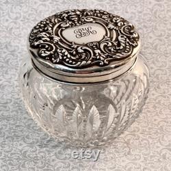 Antique Sterling Glass Dresser Jar with Faces and Grapes, Art Nouveau Vanity Powder Jar with Monogram, Sterling Repousse Dressing Table Jar