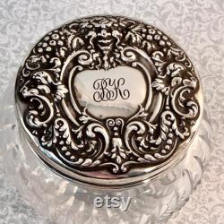 Antique Sterling Glass Dresser Jar with Faces and Grapes, Art Nouveau Vanity Powder Jar with Monogram, Sterling Repousse Dressing Table Jar