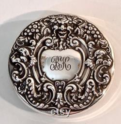 Antique Sterling Glass Dresser Jar with Faces and Grapes, Art Nouveau Vanity Powder Jar with Monogram, Sterling Repousse Dressing Table Jar