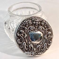 Antique Sterling Glass Dresser Jar with Faces and Grapes, Art Nouveau Vanity Powder Jar with Monogram, Sterling Repousse Dressing Table Jar