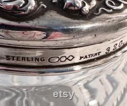 Antique Sterling Glass Dresser Jar with Faces and Grapes, Art Nouveau Vanity Powder Jar with Monogram, Sterling Repousse Dressing Table Jar