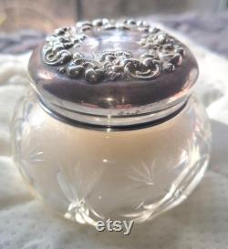 Antique Sterling Silver Floral and Crystal Powder Jar with Puff