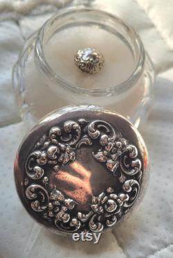 Antique Sterling Silver Floral and Crystal Powder Jar with Puff