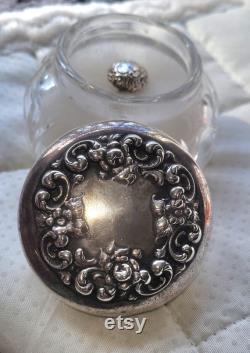 Antique Sterling Silver Floral and Crystal Powder Jar with Puff