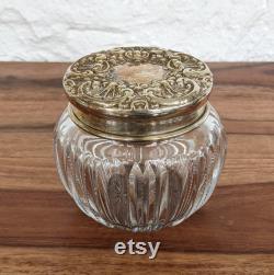Antique Sterling Silver Repousse and Cut Crystal Powder Jar, Victorian Boudoir Decor, Art Nouveau Style, Early 1900s