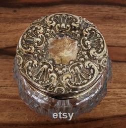 Antique Sterling Silver Repousse and Cut Crystal Powder Jar, Victorian Boudoir Decor, Art Nouveau Style, Early 1900s