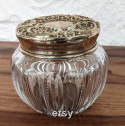 Antique Sterling Silver Repousse and Cut Crystal Powder Jar, Victorian Boudoir Decor, Art Nouveau Style, Early 1900s