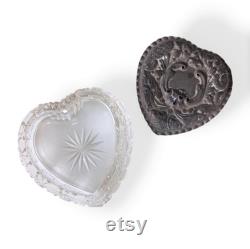 Antique Sterling Silver and Cut Glass Heart Shape Edwardian Vanity Dresser Jar Dish, Birmingham Hallmark c 1903, Floral and Bird Motifs, As Is