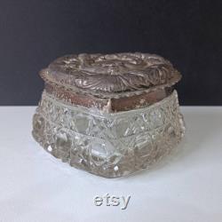 Antique Sterling Silver and Cut Glass Heart Shape Edwardian Vanity Dresser Jar Dish, Birmingham Hallmark c 1903, Floral and Bird Motifs, As Is