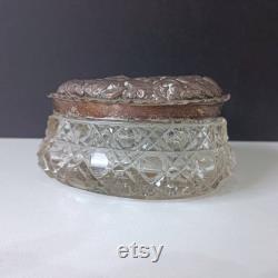 Antique Sterling Silver and Cut Glass Heart Shape Edwardian Vanity Dresser Jar Dish, Birmingham Hallmark c 1903, Floral and Bird Motifs, As Is
