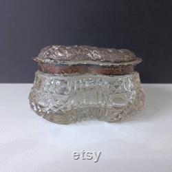 Antique Sterling Silver and Cut Glass Heart Shape Edwardian Vanity Dresser Jar Dish, Birmingham Hallmark c 1903, Floral and Bird Motifs, As Is