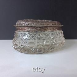 Antique Sterling Silver and Cut Glass Heart Shape Edwardian Vanity Dresser Jar Dish, Birmingham Hallmark c 1903, Floral and Bird Motifs, As Is
