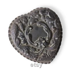 Antique Sterling Silver and Cut Glass Heart Shape Edwardian Vanity Dresser Jar Dish, Birmingham Hallmark c 1903, Floral and Bird Motifs, As Is