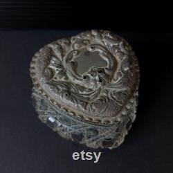Antique Sterling Silver and Cut Glass Heart Shape Edwardian Vanity Dresser Jar Dish, Birmingham Hallmark c 1903, Floral and Bird Motifs, As Is