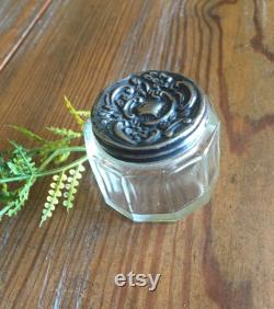 Antique Sterling Top Dresser Jar with Repousse Design and Faceted Glass from Art Nouveau Era, Birmingham Hallmarks SHM, Vanity Collectible