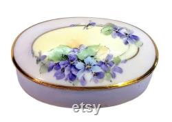 Antique Trinket Box Hand Painted Violets Victorian Hairpin Vintage Vanity Shabby Cottage