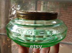 Antique Uranium glass powder jar England petit point roses lid vanity, dresser jar