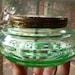 Antique Uranium glass powder jar England petit point roses lid vanity, dresser jar