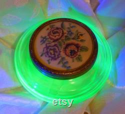 Antique Uranium glass powder jar England petit point roses lid vanity, dresser jar