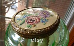 Antique Uranium glass powder jar England petit point roses lid vanity, dresser jar