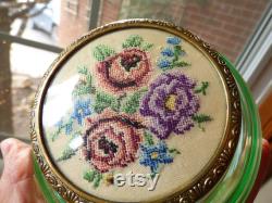 Antique Uranium glass powder jar England petit point roses lid vanity, dresser jar