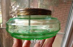 Antique Uranium glass powder jar England petit point roses lid vanity, dresser jar