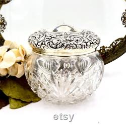Antique VANITY POWDER JAR Sterling Silver Art Nouveau Repousse Cut Glass Jar Pot Unger Brothers