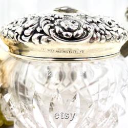 Antique VANITY POWDER JAR Sterling Silver Art Nouveau Repousse Cut Glass Jar Pot Unger Brothers