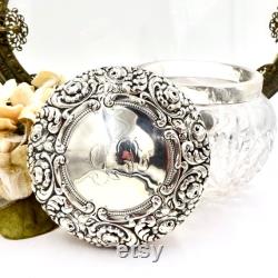 Antique VANITY POWDER JAR Sterling Silver Art Nouveau Repousse Cut Glass Jar Pot Unger Brothers