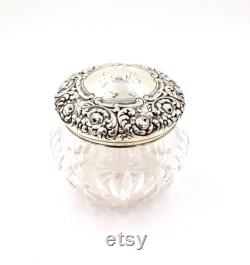 Antique VANITY POWDER JAR Sterling Silver Art Nouveau Repousse Cut Glass Jar Pot Unger Brothers