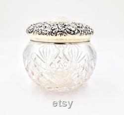 Antique VANITY POWDER JAR Sterling Silver Art Nouveau Repousse Cut Glass Jar Pot Unger Brothers