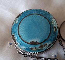 Antique VTG Webster Co Sterling Silver Guilloche Enamel Finger Compact Box Ring, Antique Sterling Chatelaine Powder Compact by Webster
