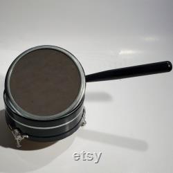 Antique Vanity Powder Box Bakelite Handle Magnifying Mirror Metal and Black Enamel Footed Vanity Makeup Powder Greek Victorian Powder Jar Gift