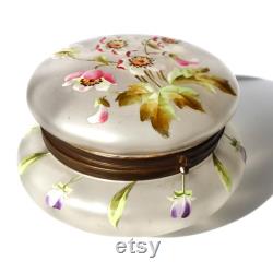 Antique Victorian Bohemian Moser Frosted Glass floral Enamel Vanity Box