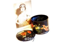 Antique Victorian Edwardian Papier-mâché Handpainted Floral Powder Pot Powder Box Jar 1920s Vanity Dressing Table Item Poppies and Daisies